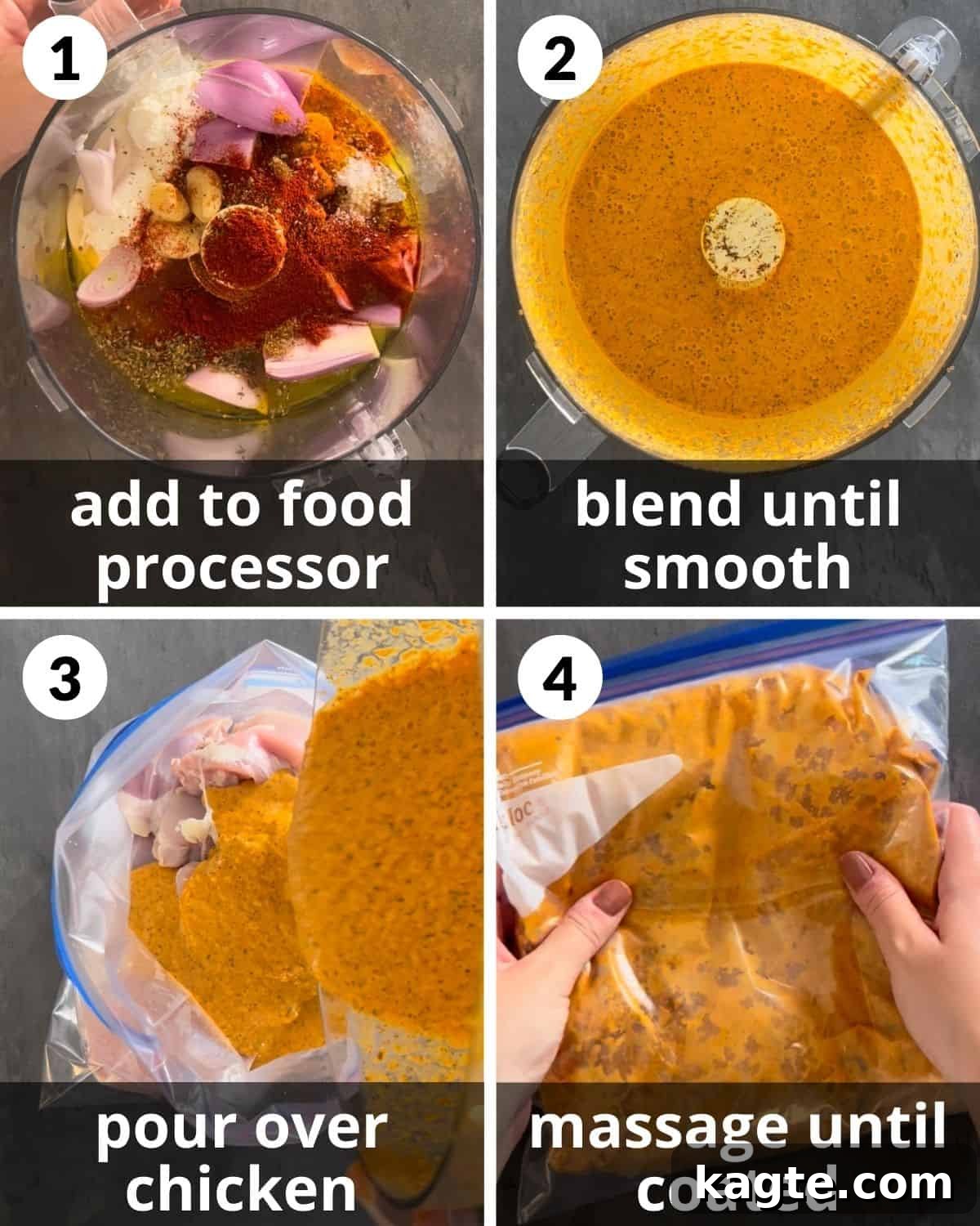 A four-photo collage illustrating the initial steps of making Greek yogurt chicken, including blending marinade ingredients and coating raw chicken thighs.