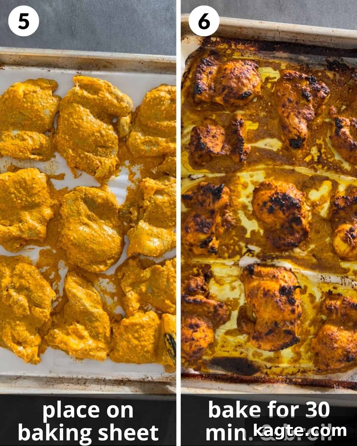 A two-photo collage illustrating the baking process for Greek yogurt chicken, showing marinated chicken on a baking sheet and golden-brown cooked chicken.
