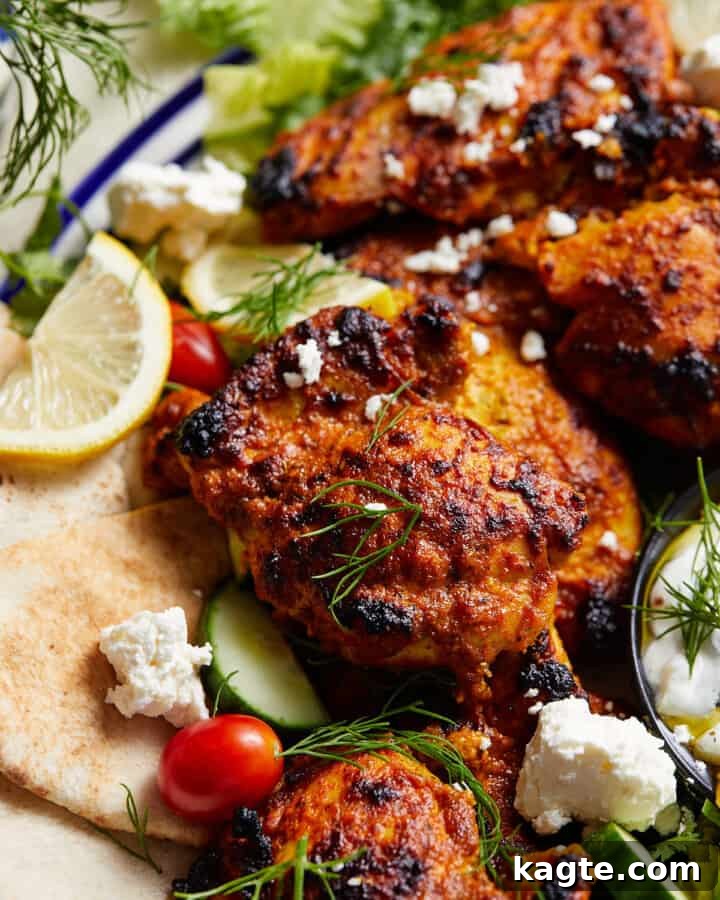 A perfectly cooked Greek yogurt chicken thigh adorned with fresh dill, presented on a rustic background.