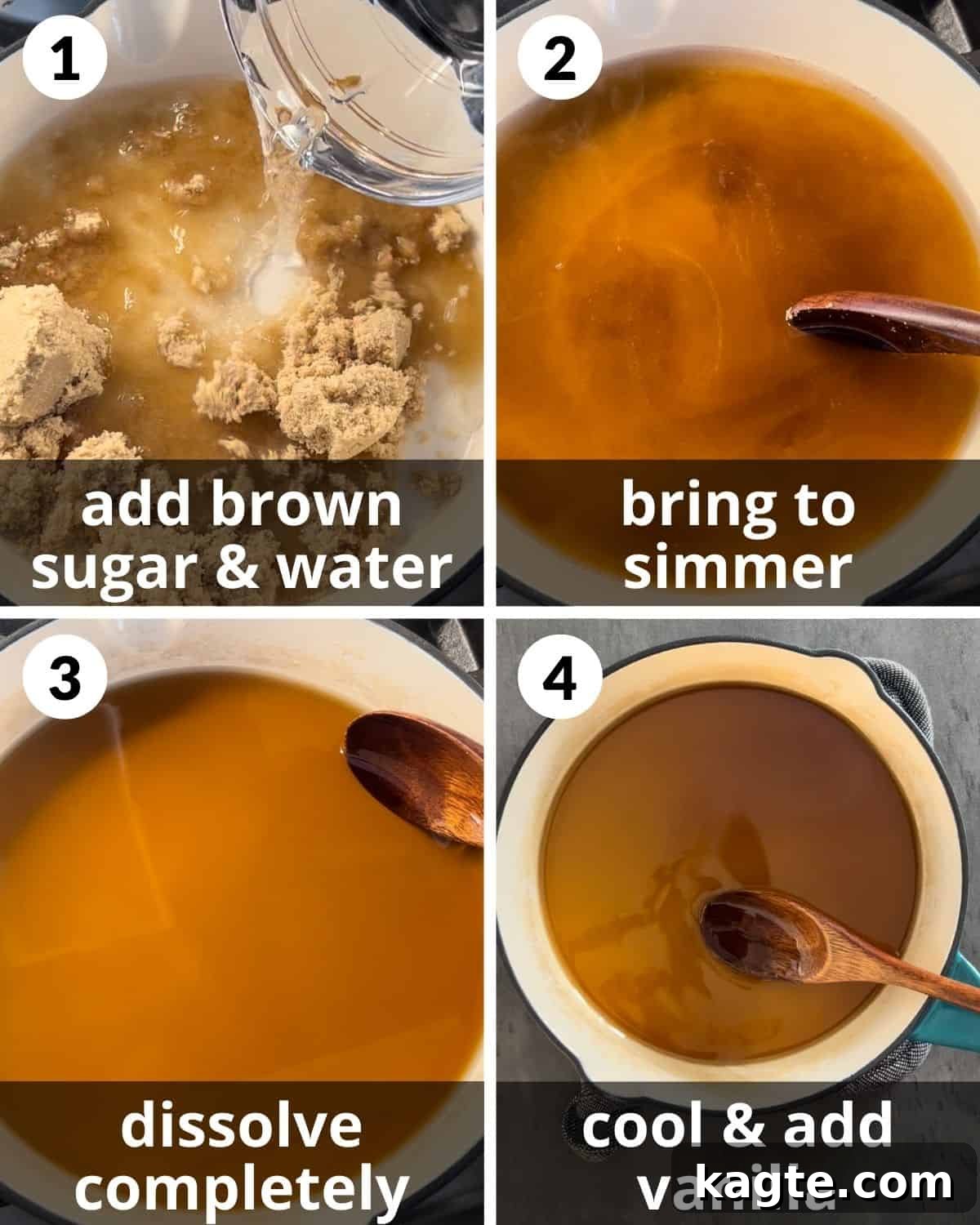 A 4 photo collage showing how to make brown sugar syrup. 