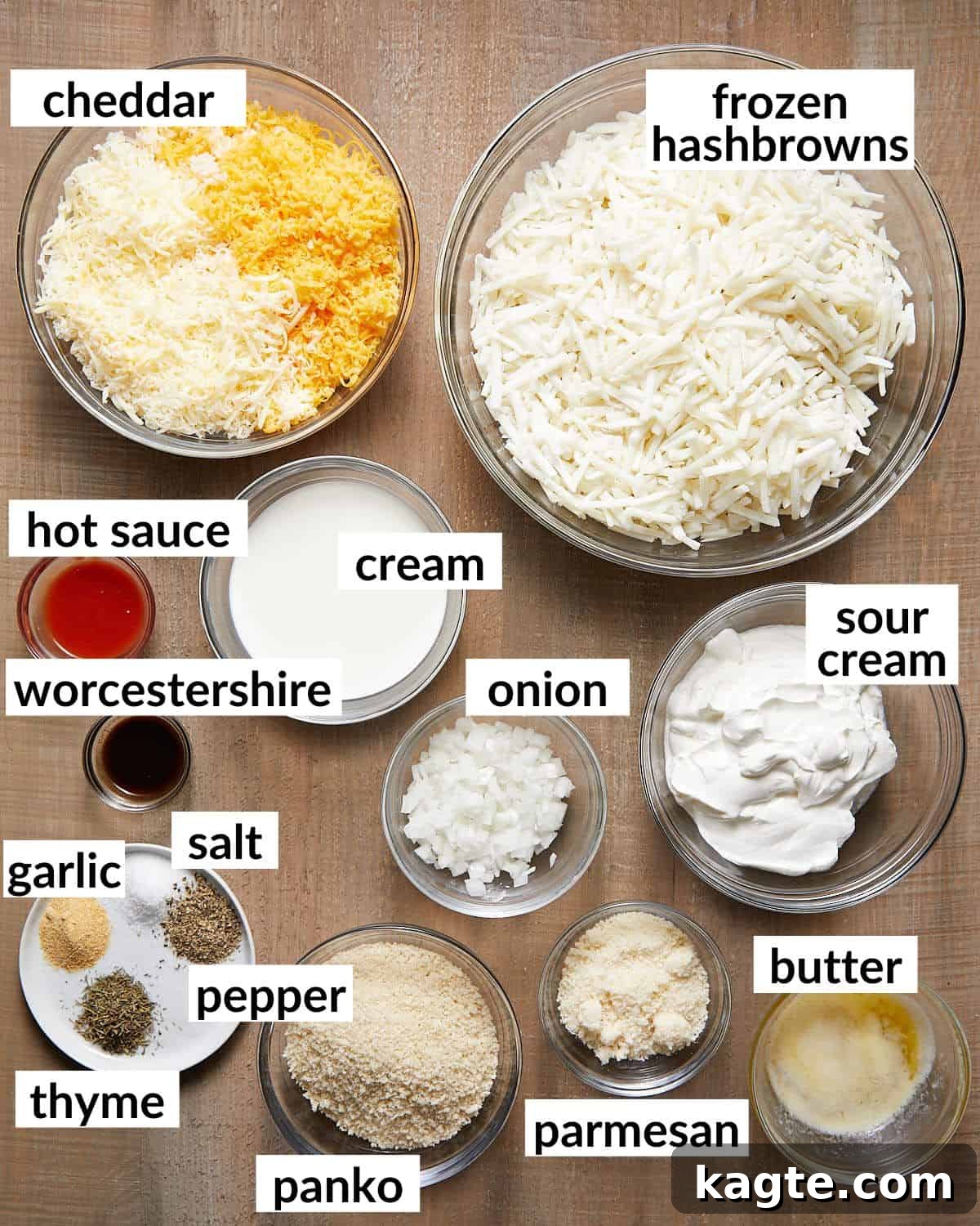 Simple Cheesy Hashbrown Casserole From Scratch 3 A flat lay image displaying all the fresh ingredients needed to prepare the hashbrown casserole without soup.