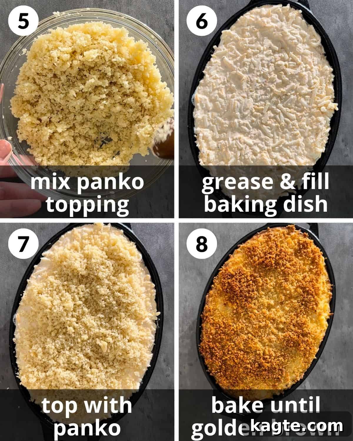 Simple Cheesy Hashbrown Casserole From Scratch 5 A four-photo collage demonstrating the final steps of assembling the hashbrown casserole before baking.
