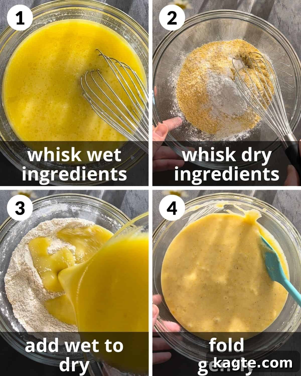 A four-photo collage demonstrating the initial steps of making cornbread without buttermilk, including mixing wet and dry ingredients separately and then combining them.