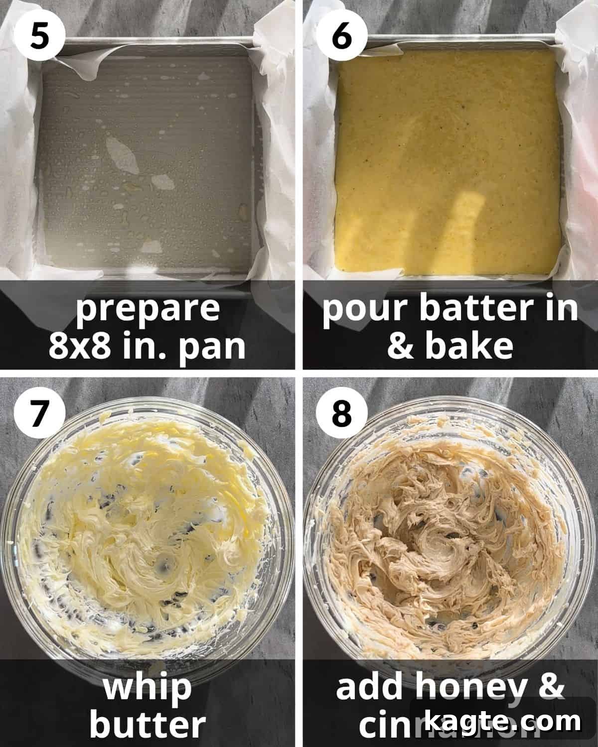 A four-photo collage illustrating the steps for preparing a baking pan, adding cornbread batter, and making whipped honey butter.