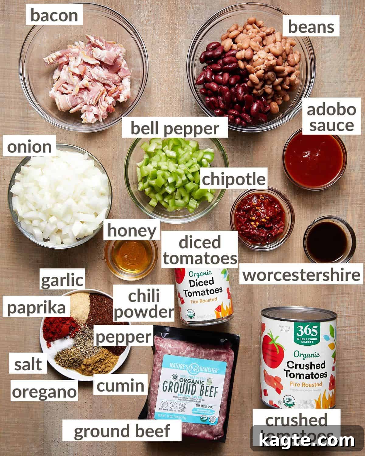Cast-Iron Comfort Chili 3 A flat lay photo displaying all the fresh and canned ingredients meticulously arranged for preparing a cast iron Dutch oven chili.