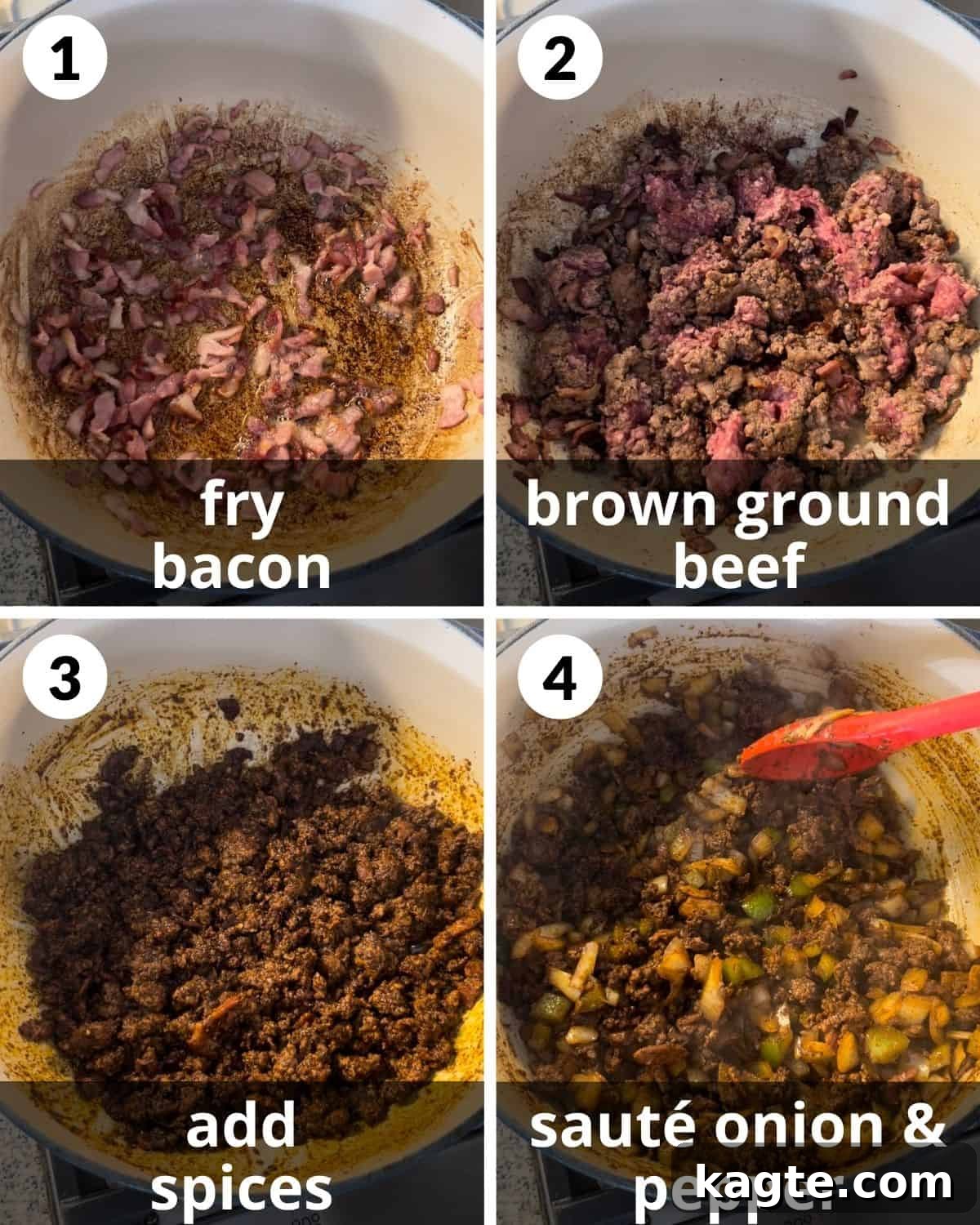 Cast-Iron Comfort Chili 4 A four-photo collage illustrating the initial steps of making chili: browning beef, adding spices, and sautéing vegetables.
