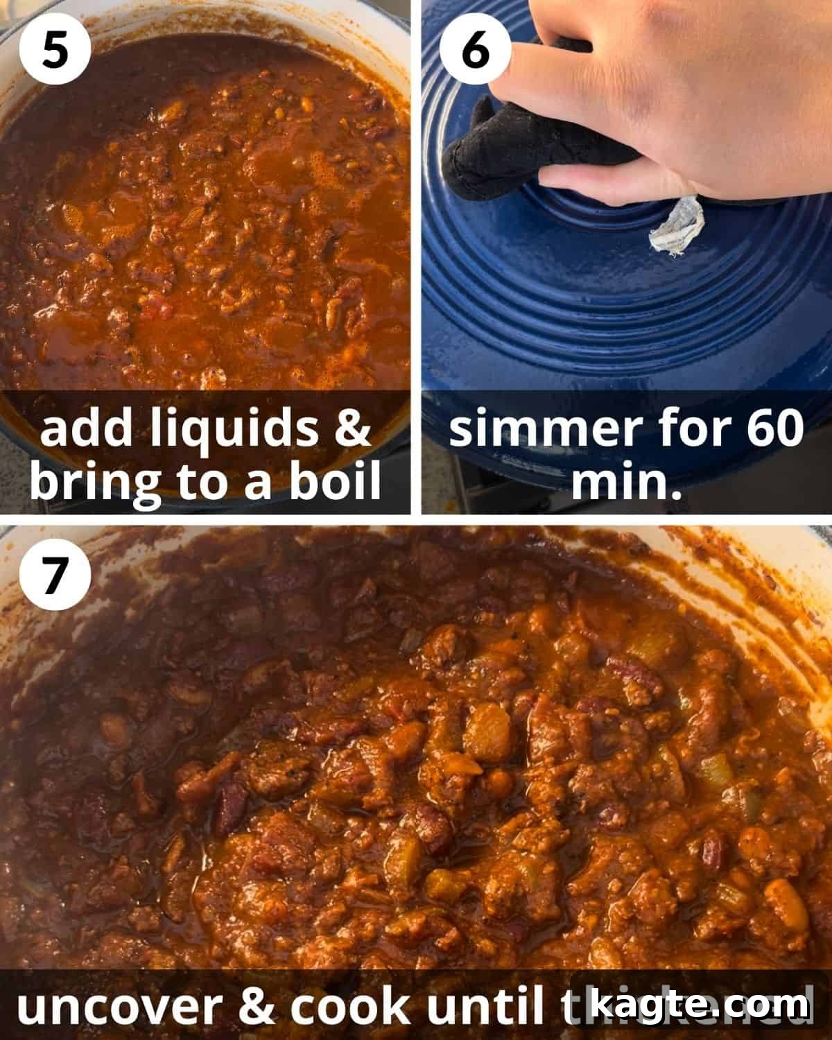 Cast-Iron Comfort Chili 5 A three-photo collage showing the simmering process of the Dutch oven chili, from adding liquids to bubbling gently.