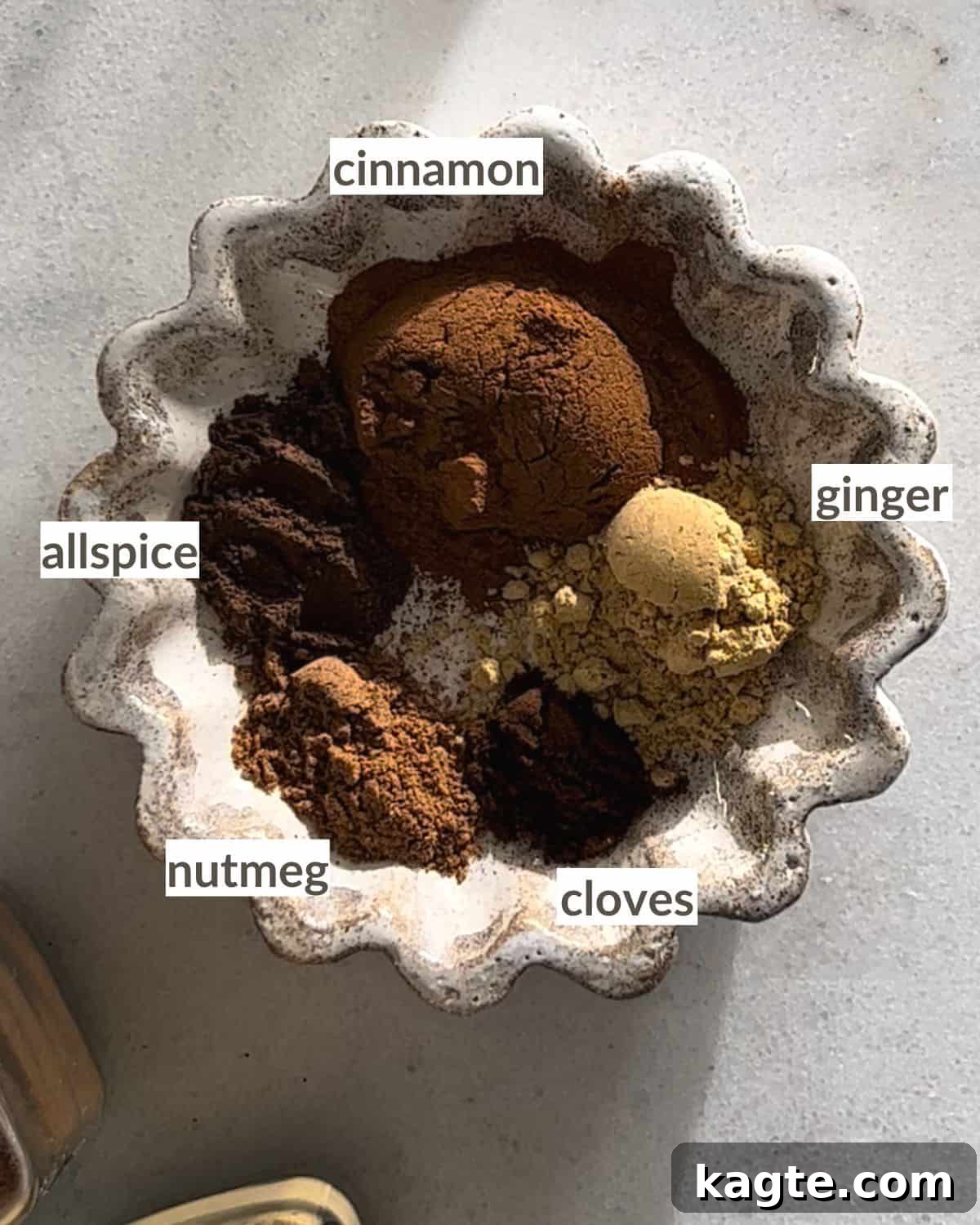Pumpkin Spice Alternatives 3 A collection of the essential ground spices needed to make a substitute for pumpkin pie spice, neatly arranged.