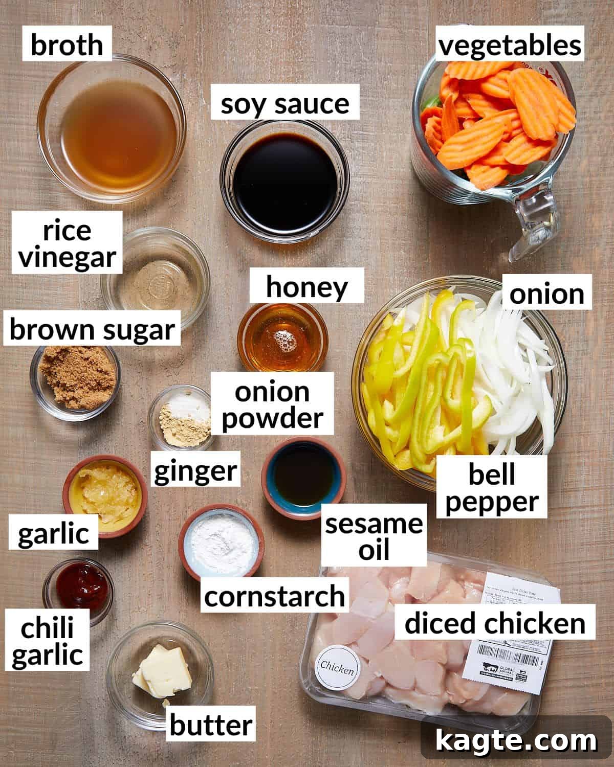 Ingredients needed for stir fry chicken marinade and veggies.