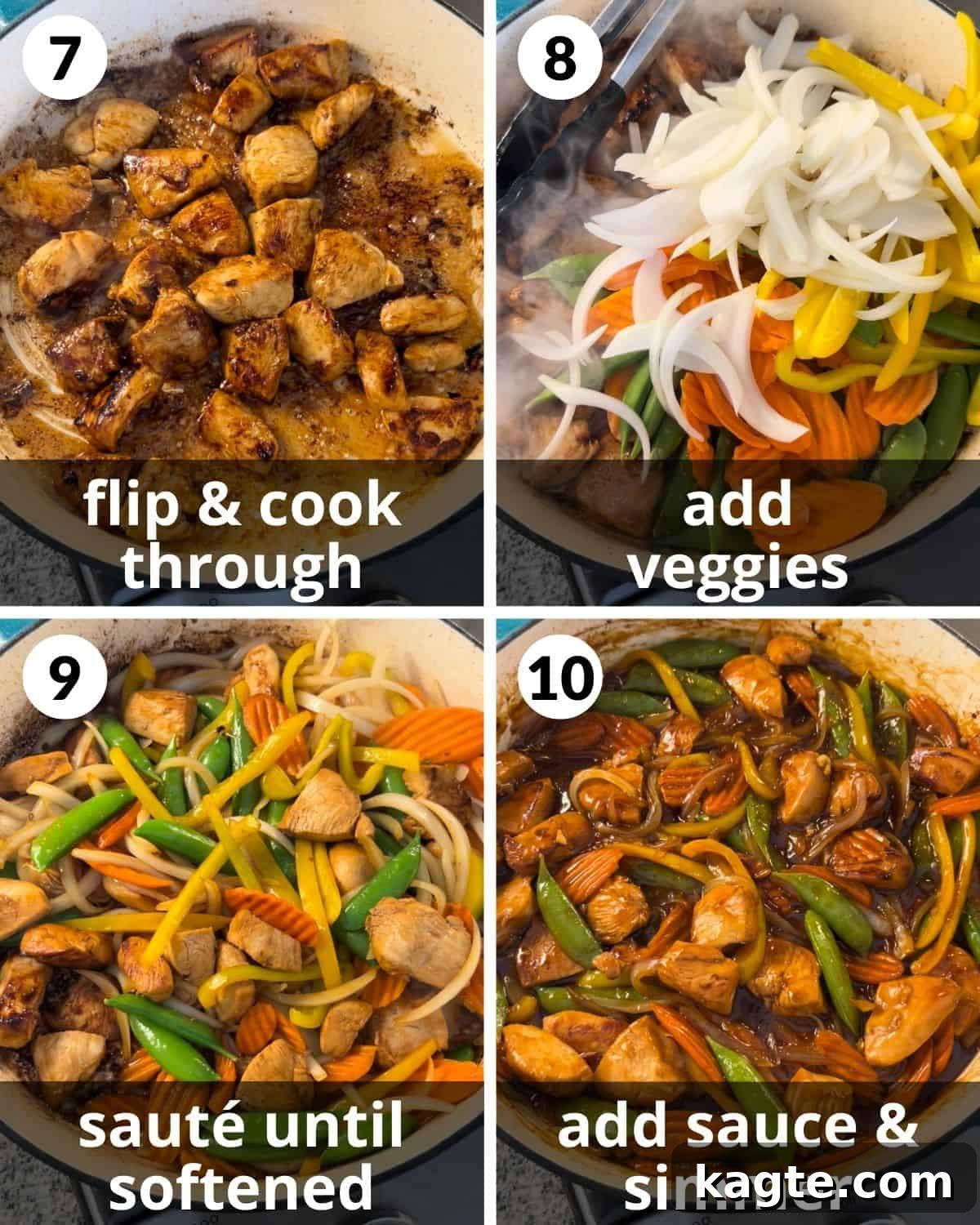 A 4 photo collage showing chicken stir fried and sauce thickened.