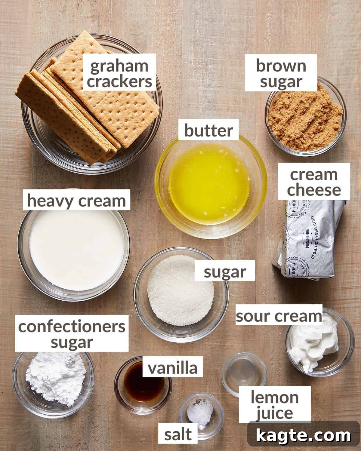 Simple No-Bake Mini Cheesecakes 3 Ingredients needed to make mini no bake cheesecakes. Cream cheese, graham crackers, butter, sugars, and cream.