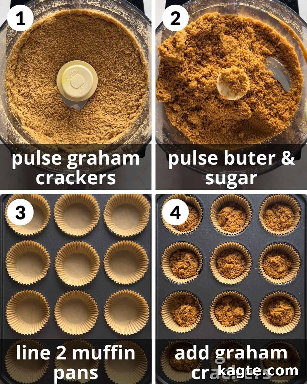 Simple No-Bake Mini Cheesecakes 4 A 4 photo collage showing how to make the graham cracker crusts. From crackers to pressed crusts.