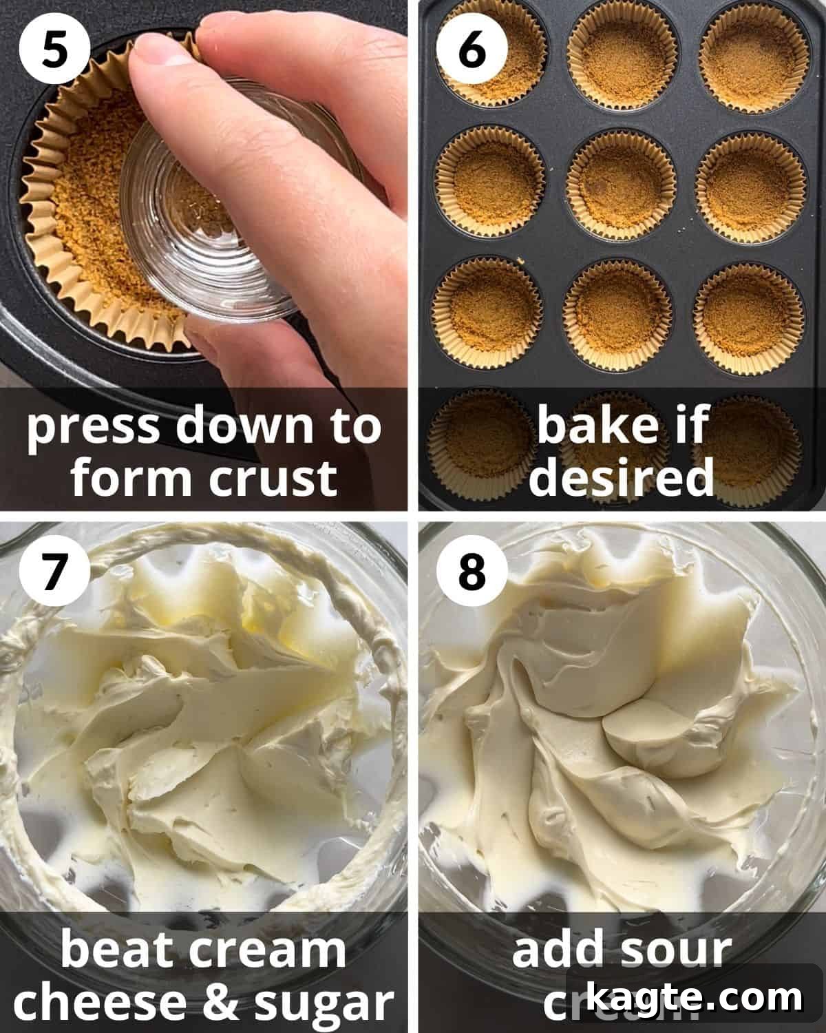 Simple No-Bake Mini Cheesecakes 5 A 4 photo collage showing how to bake the crusts and beat cream cheese.