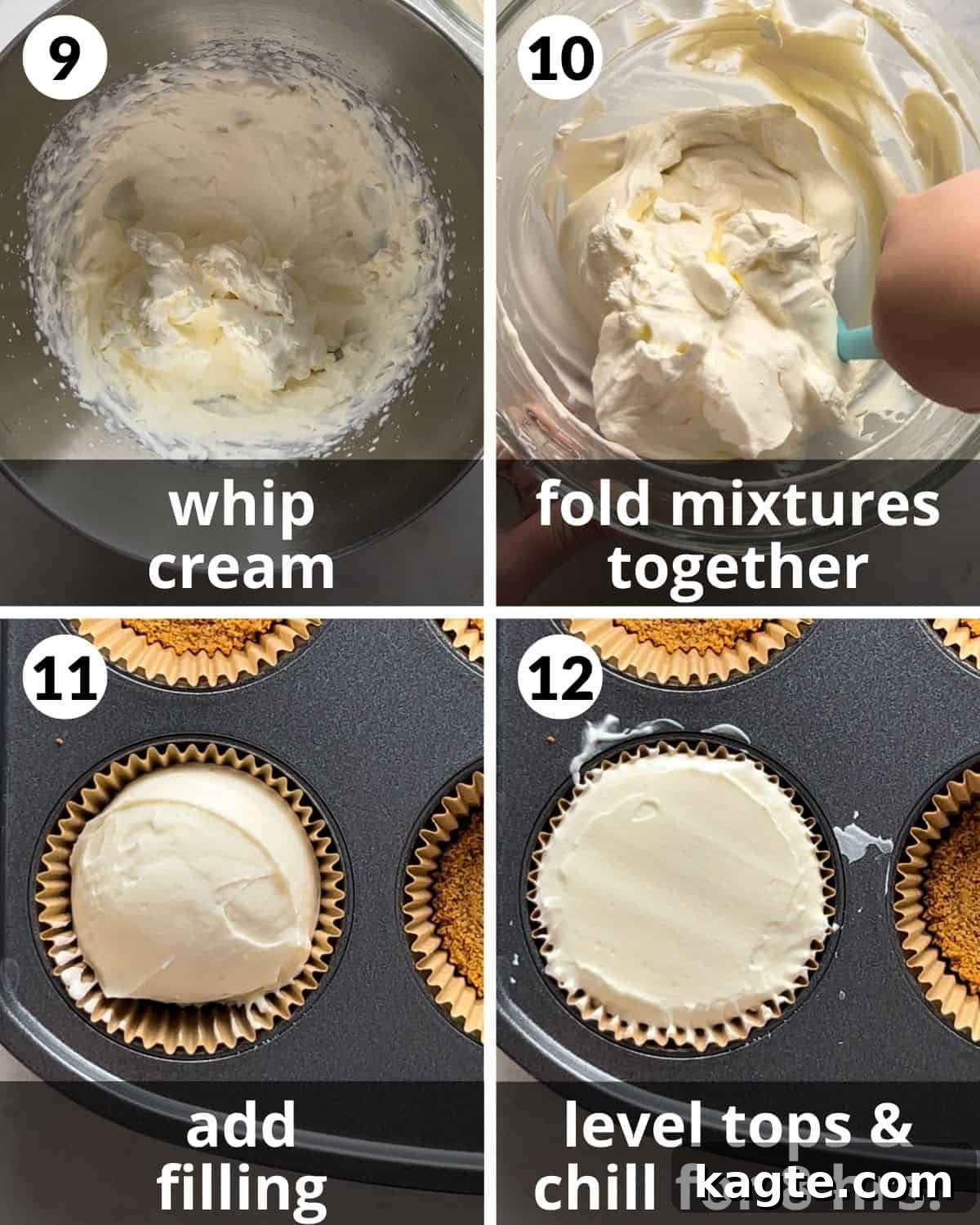 Simple No-Bake Mini Cheesecakes 6 A 4 photo collage showing how to fill the mini cheesecakes. From folding in whipped cream to filling the liners.