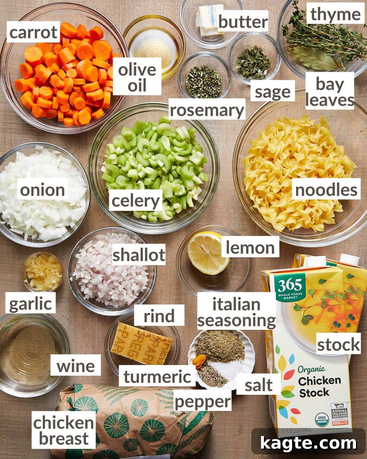 Dutch Oven Chicken Noodle Delight 3 Assortment of fresh ingredients including vegetables, herbs, and chicken in glass bowls, ready for making Dutch oven chicken noodle soup.