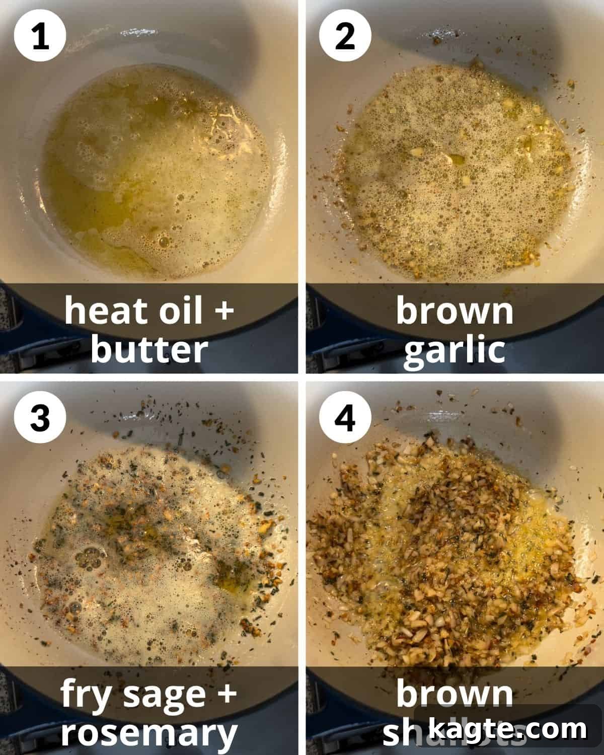 Dutch Oven Chicken Noodle Delight 4 A four-photo collage demonstrating the initial steps of browning garlic and shallots in a Dutch oven.