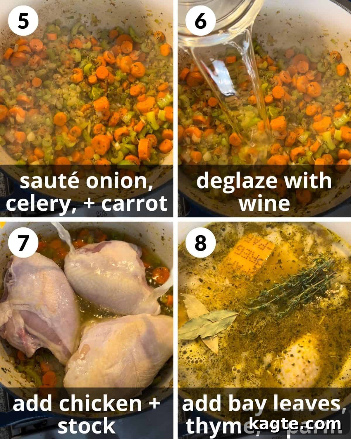 Dutch Oven Chicken Noodle Delight 5 A four-photo collage showing the process of cooking vegetables, adding chicken, and pouring in broth.