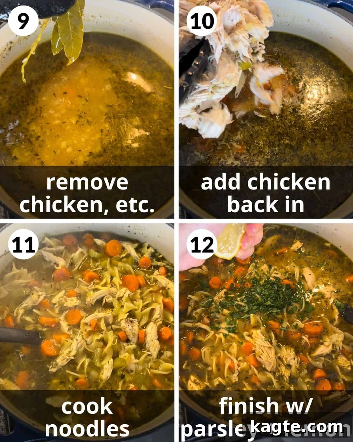 Dutch Oven Chicken Noodle Delight 6 A four-photo collage illustrating the final stages: simmering the soup, shredding chicken, and cooking noodles.