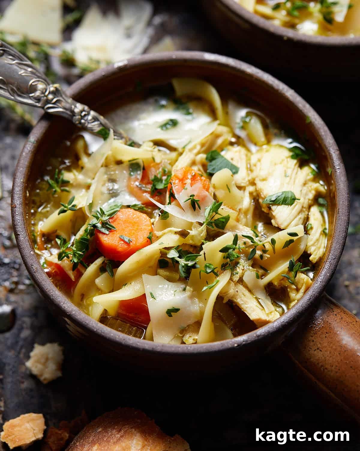 Dutch Oven Chicken Noodle Delight 7 A close-up shot of Dutch oven chicken noodle soup in a bowl, topped with grated Parmesan cheese and fresh herbs.