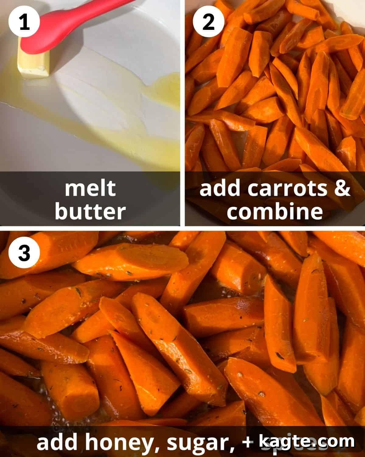 Sticky Sweet Honey Brown Sugar Carrots 4 A three-photo collage showing the initial steps: melting butter and adding carrots to a skillet.