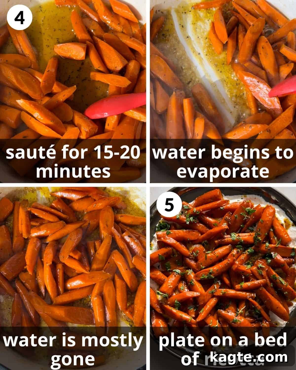 Sticky Sweet Honey Brown Sugar Carrots 5 A four-photo collage demonstrating the caramelization process of the carrots in the skillet.
