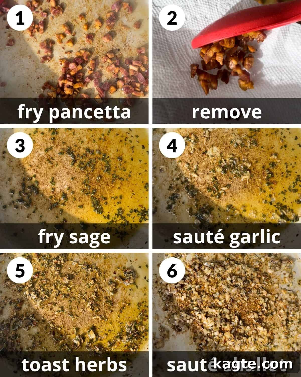 Golden Pumpkin Pasta Sauce 4 A 6 photo collage showing frying the pancetta, herbs, garlic, and shallot.