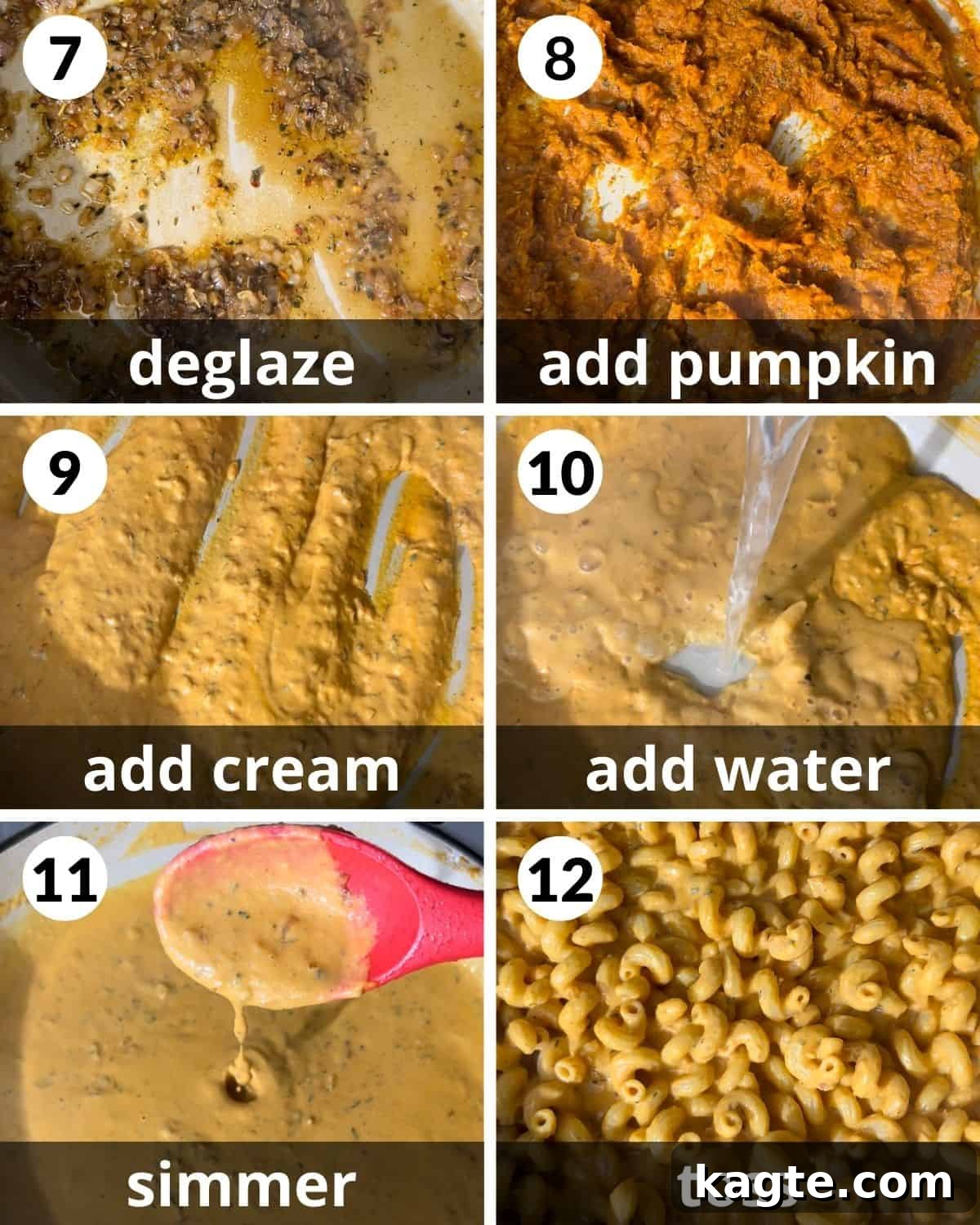 Golden Pumpkin Pasta Sauce 5 A 6 photo collage showing how to add pumpkin, cream, and pasta water.
