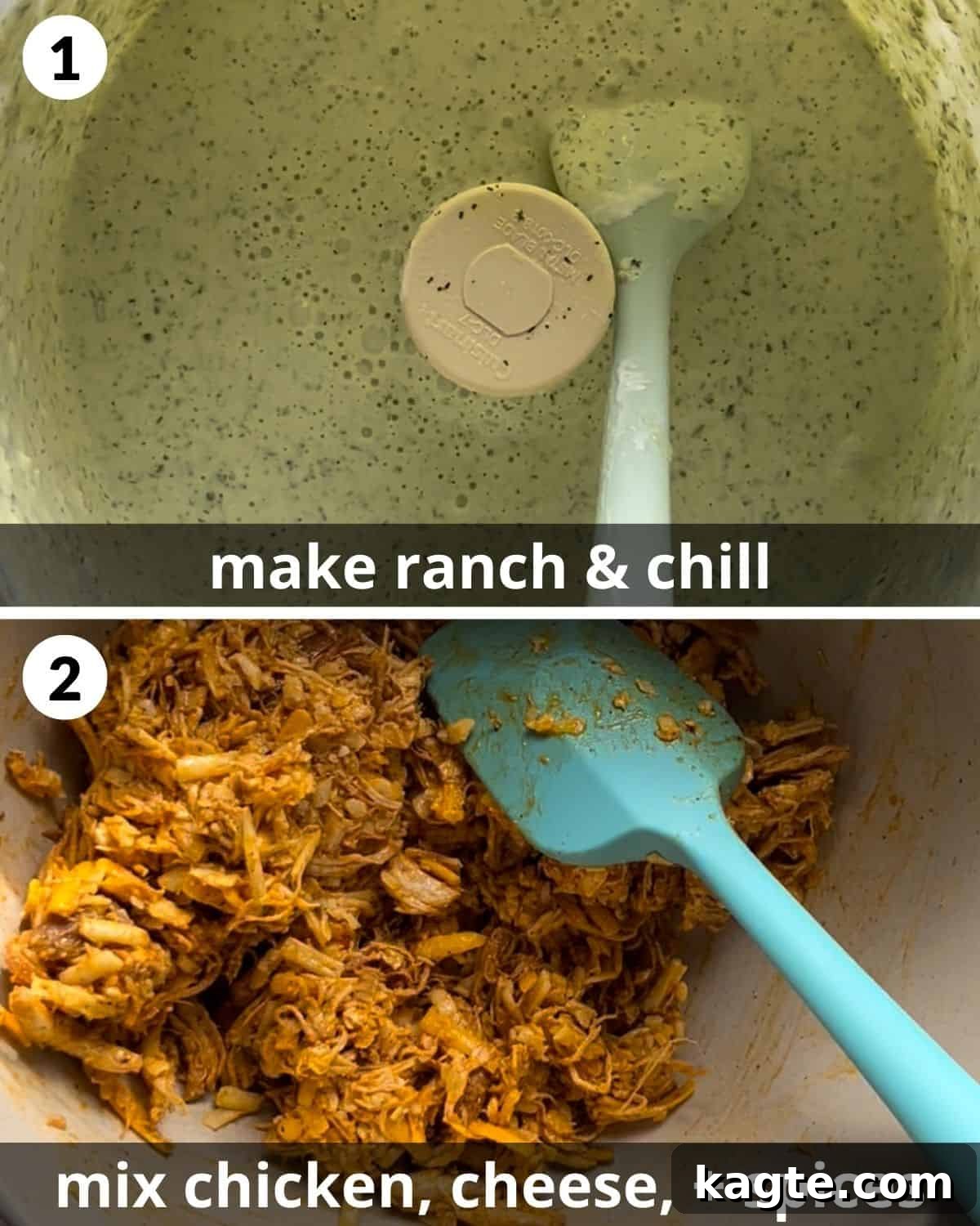 A 2 photo collage showing how to make ranch and chicken mixture.