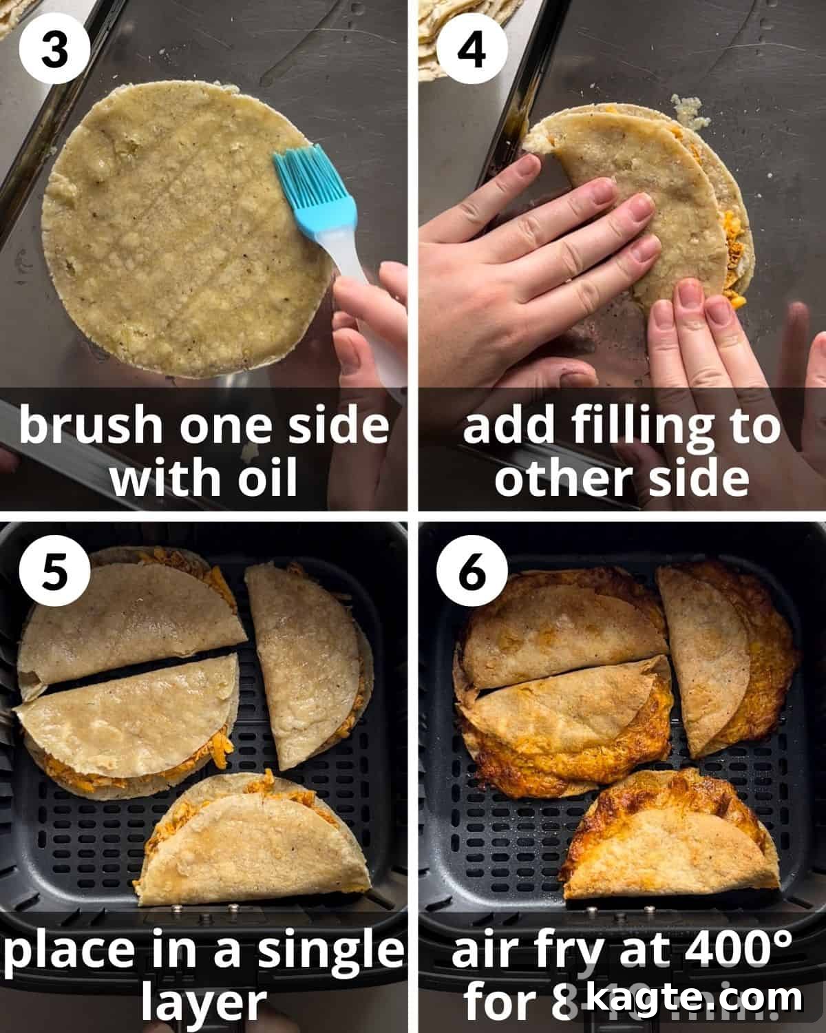 A 4 photo collage showing how to assemble and air fry the tacos.