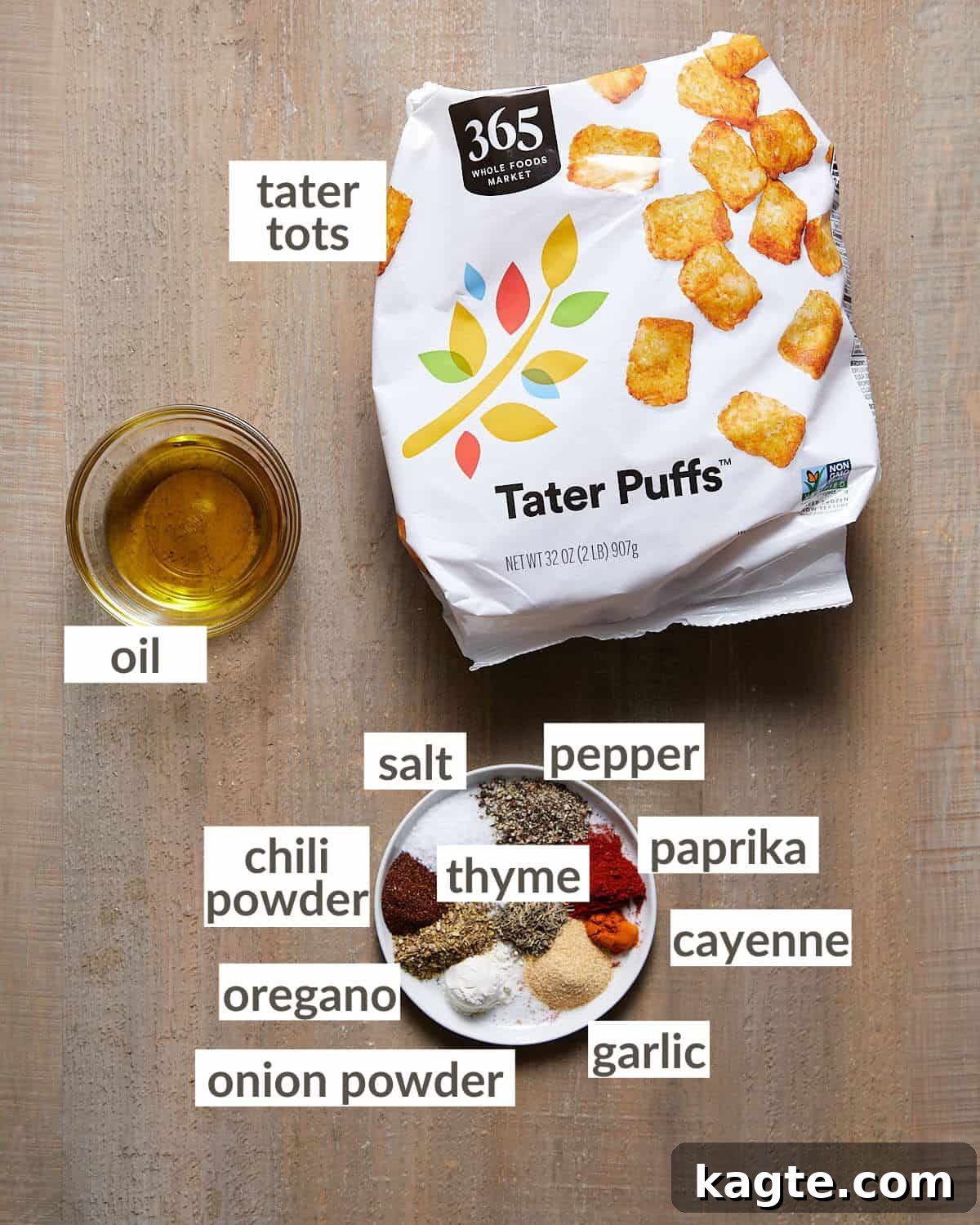 Ingredients laid out for making seasoned tater tots: frozen tater tots, olive oil, and various spices.