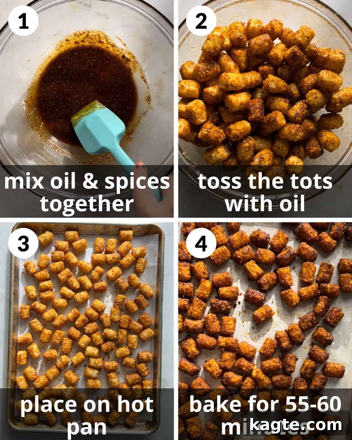 A four-photo collage demonstrating the steps to make seasoned tater tots: tossing with spices, spreading on a baking sheet, and baking.
