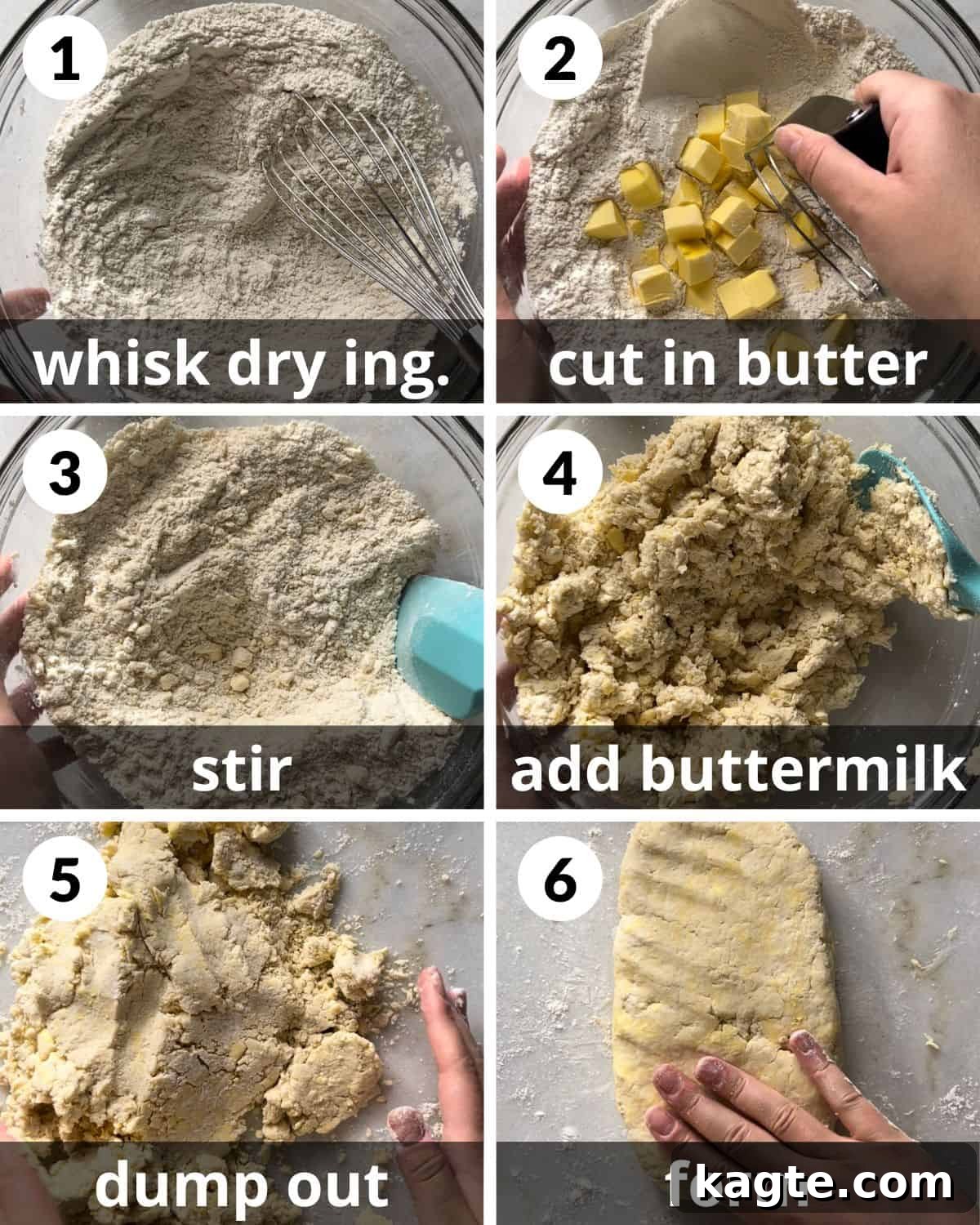 Quick and Buttery Homemade Biscuits 4 A 6 photo collage showing how to make the biscuit dough.