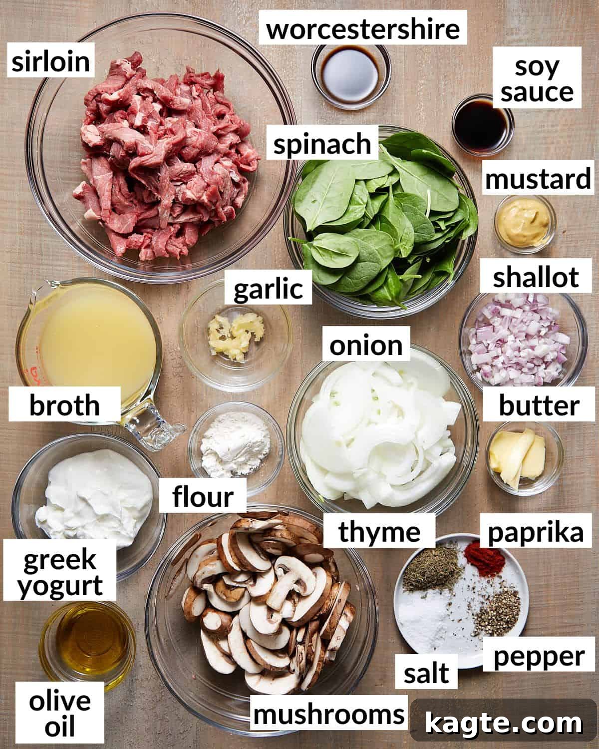 Photo of all ingredients needed to make healthy beef stroganoff, neatly arranged.