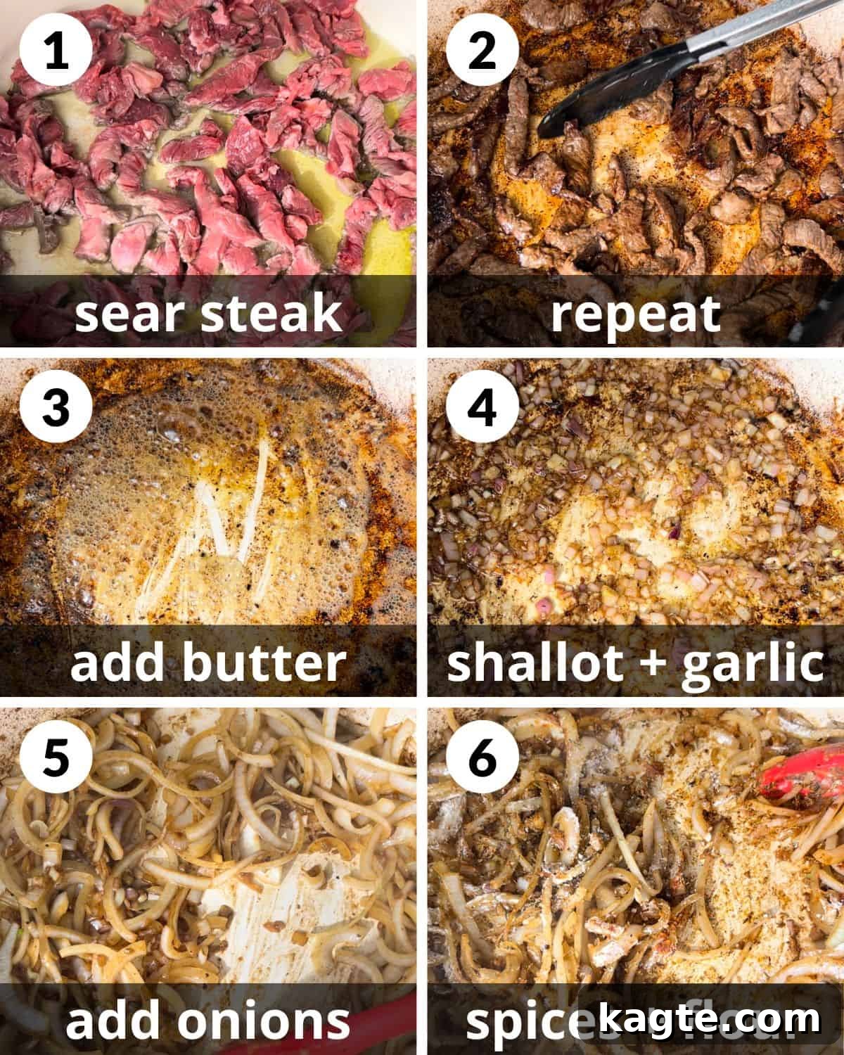 A 6 photo collage showing how to prepare the ingredients and sear the steak for healthy beef stroganoff. 
