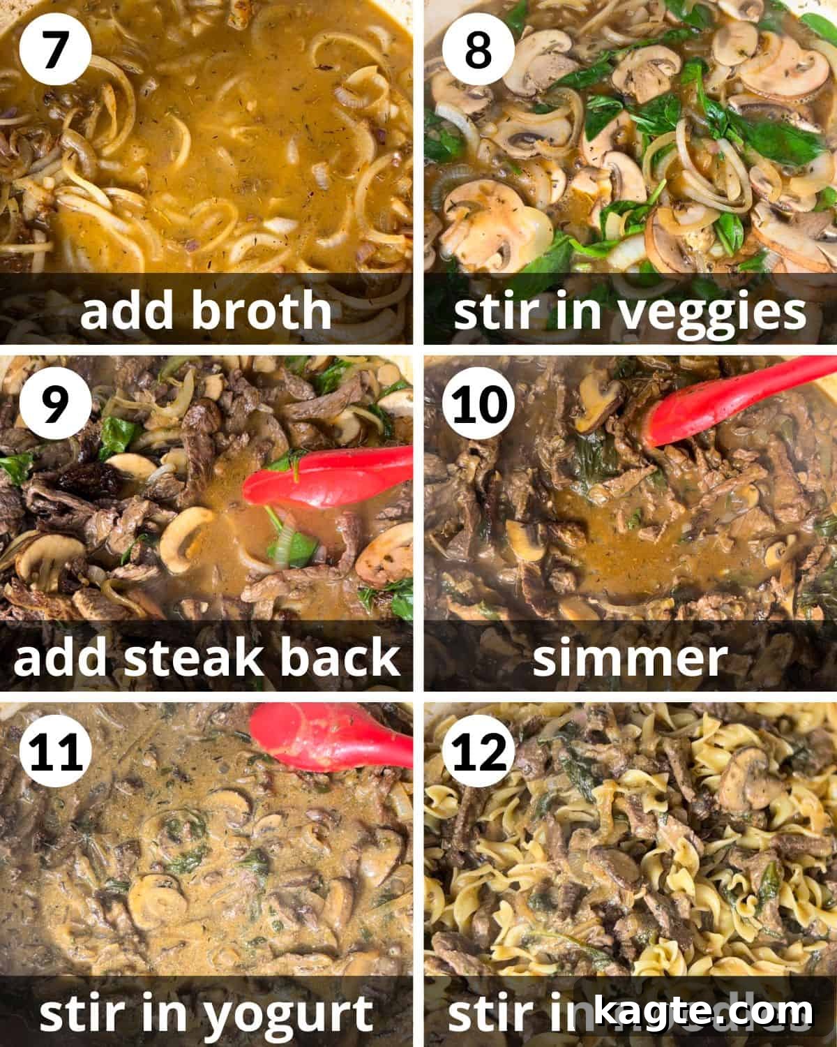 A 6 photo collage of final assembly of healthy beef stroganoff, including adding sauce and noodles.