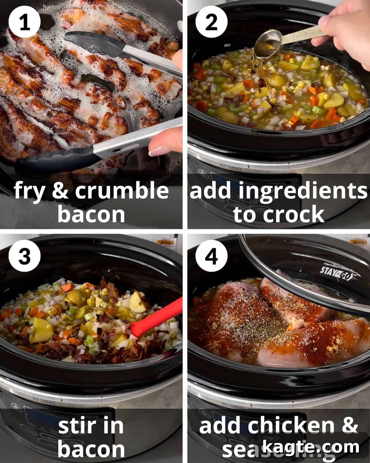 Hearty Slow Cooker Creamy Chicken Corn Chowder 4 A four-panel collage showing the preparation stages of slow cooker chicken and corn soup: adding vegetables, stock, and chicken breasts to the slow cooker.