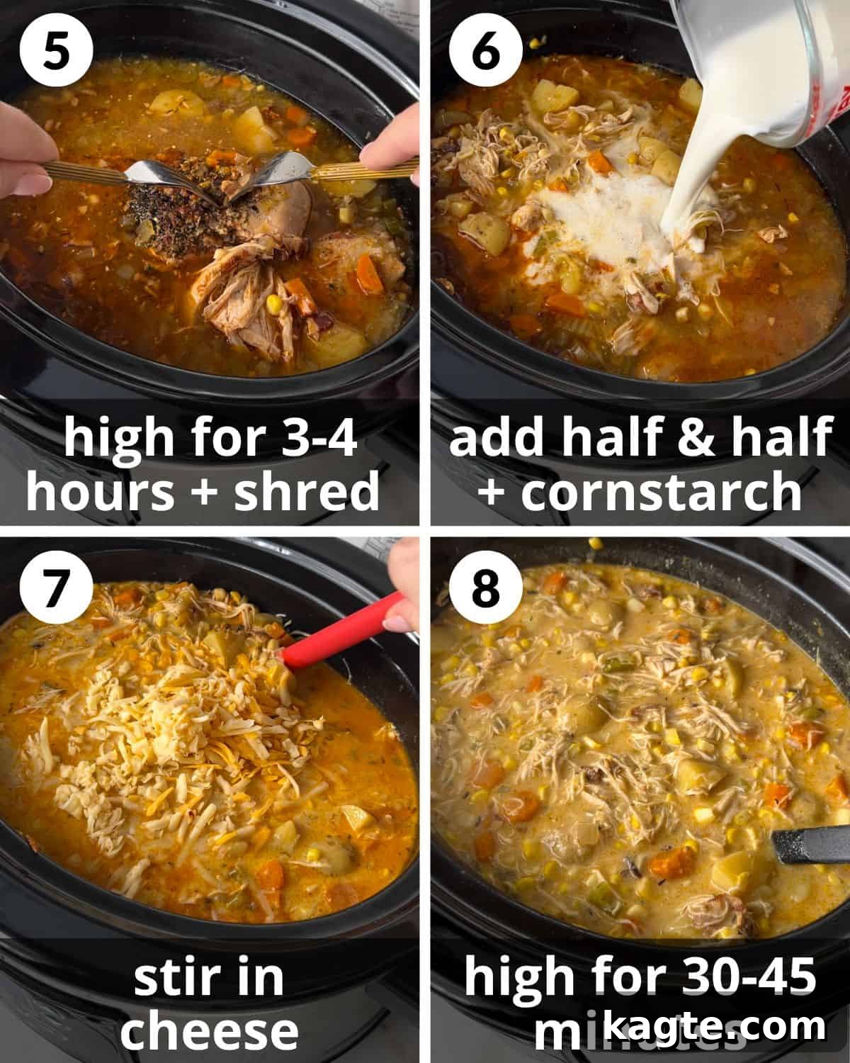 Hearty Slow Cooker Creamy Chicken Corn Chowder 5 A four-panel collage showing the final steps in making slow cooker creamy chicken and corn soup: shredding chicken, adding a half and half and cornstarch mixture, stirring in shredded cheese, and the final soup.