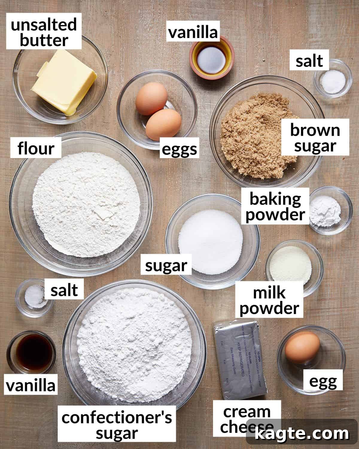 Irresistible Brown Butter Chess Squares 3 Image of ingredients laid out, ready to make brown butter chess squares from scratch, including butter, flour, sugar, and cream cheese.