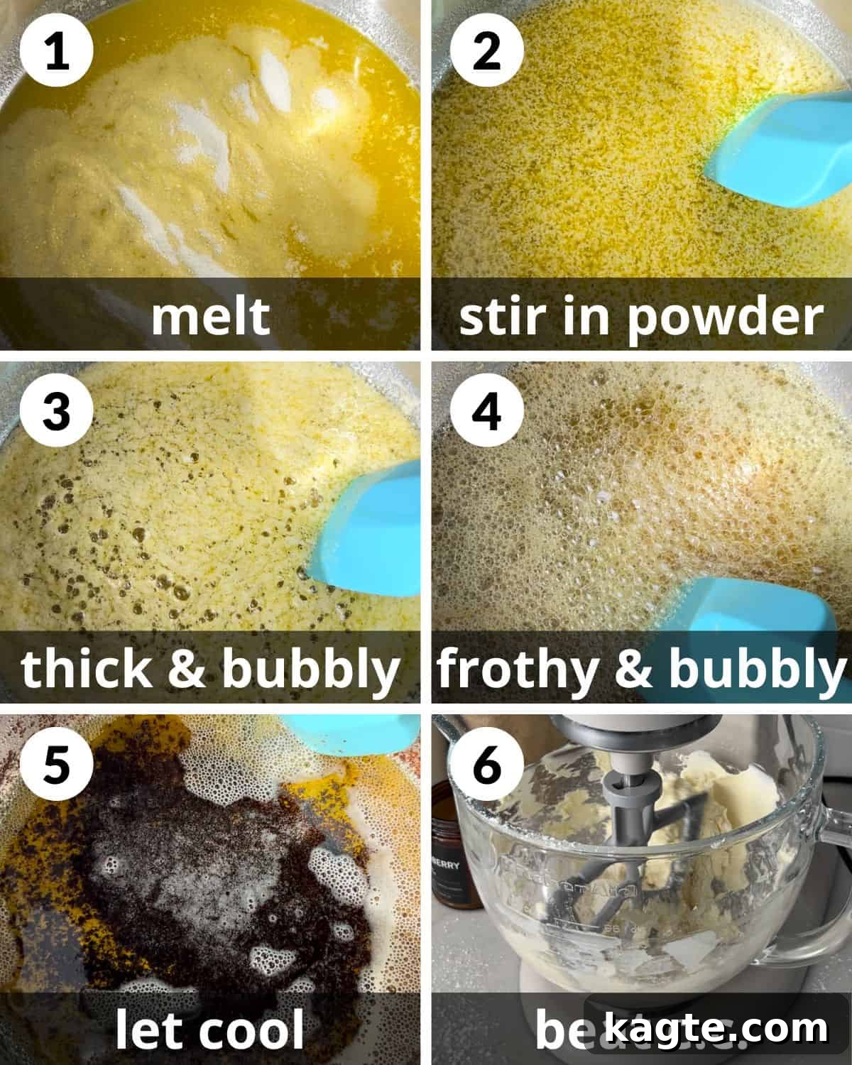 Irresistible Brown Butter Chess Squares 4 A 6 photo collage demonstrating the step-by-step process of browning butter for chess squares, from melting to dark brown bits.