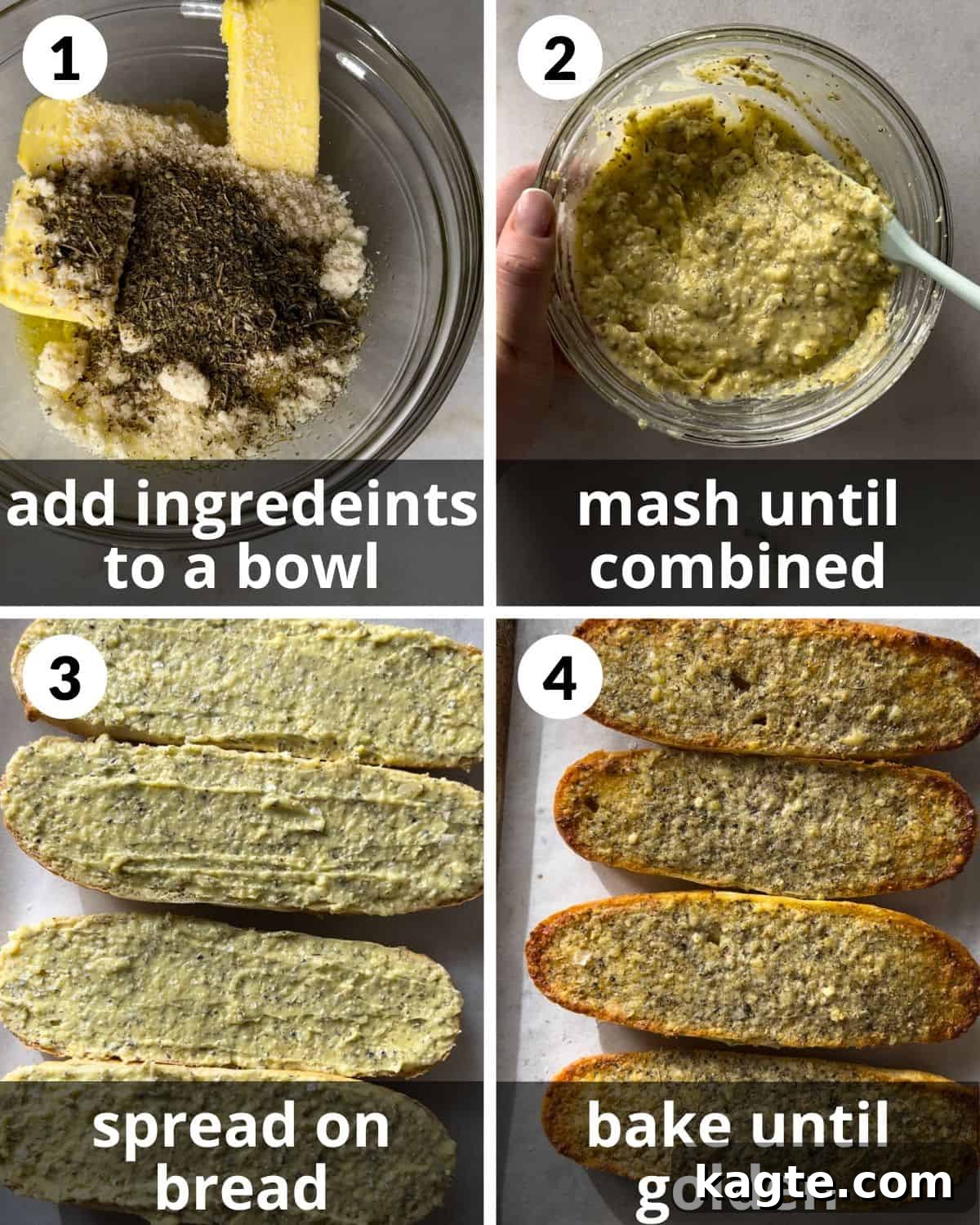 A four-photo collage demonstrating the easy process of assembling homemade garlic bread spread, from mixing to spreading.