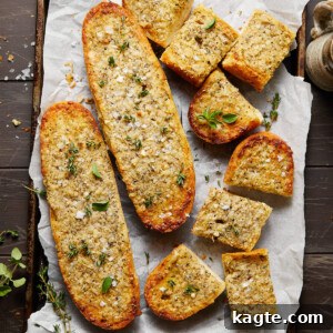 A perfectly baked slice of cheesy garlic bread, golden brown and garnished, ready to serve.