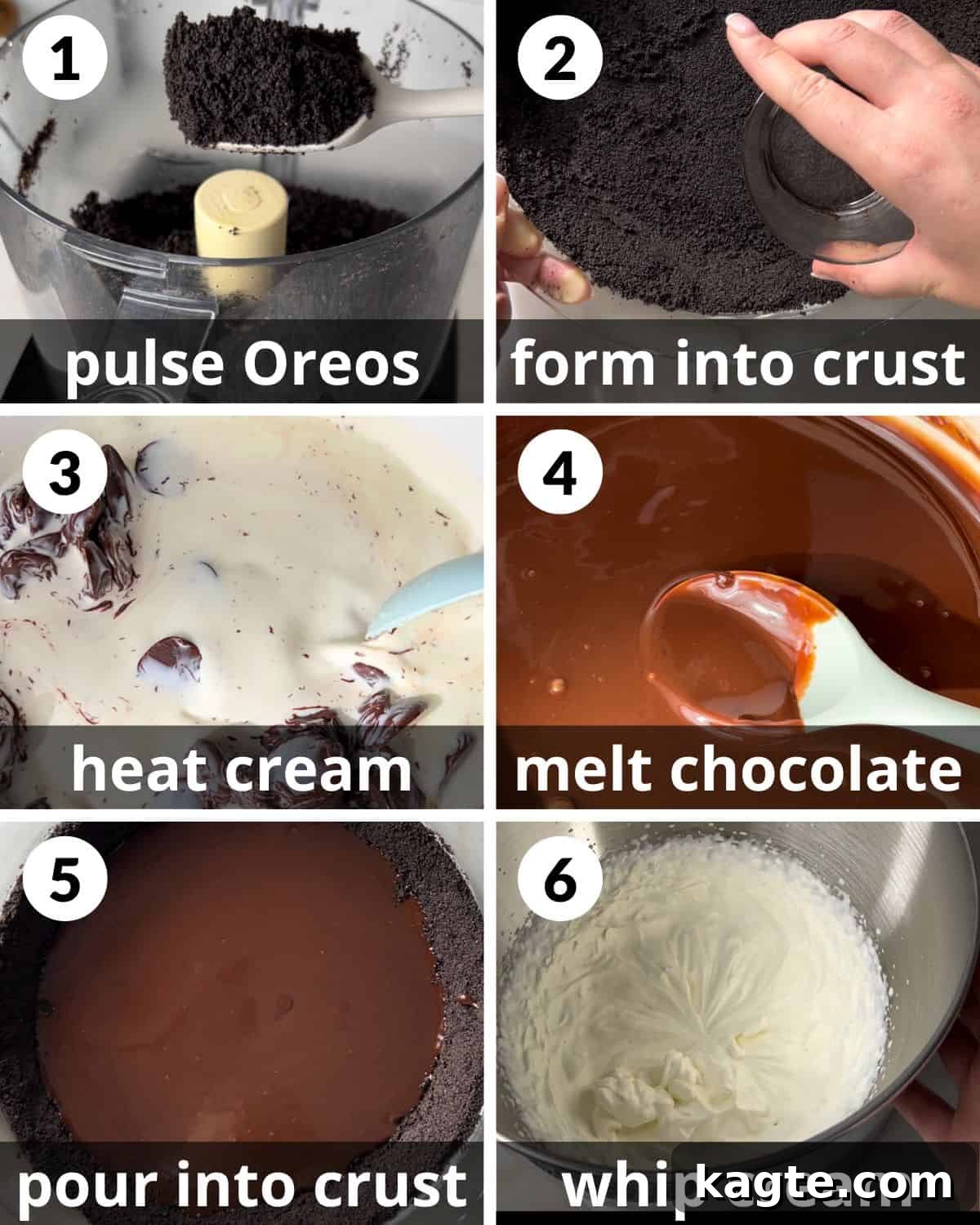 Effortless Oreo Cheesecake Bliss 4 A 6 photo collage showing the assembly of oreo cheesecake pie crust and ganache.