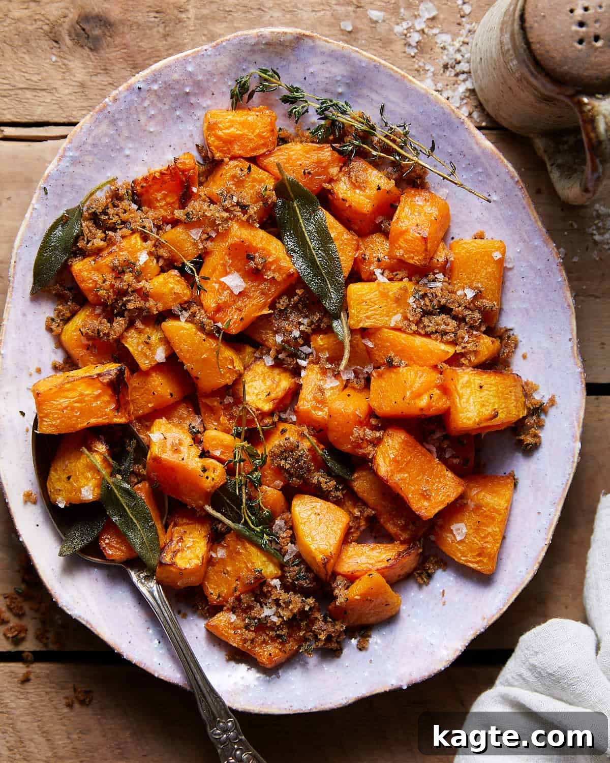 Crispy Air-Fried Butternut Squash 2 Overhead image of beautifully air-fried butternut squash with a crispy brown butter herb panko topping, garnished with fresh herbs.