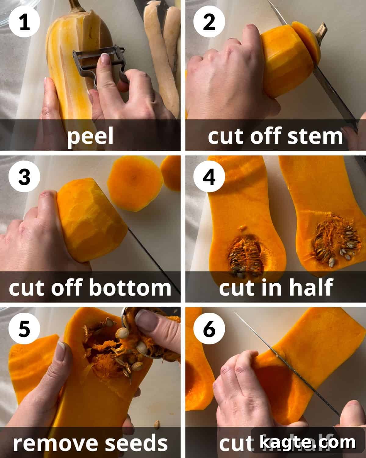 Crispy Air-Fried Butternut Squash 4 A 6-photo collage demonstrating the step-by-step process of safely peeling, trimming, and cutting a whole butternut squash into even cubes.