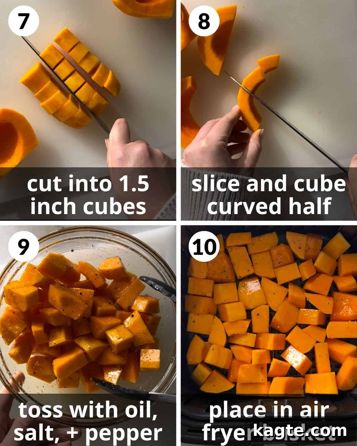 Crispy Air-Fried Butternut Squash 5 A 4-photo collage illustrating the precise technique for cutting butternut squash into even, bite-sized cubes suitable for air frying.