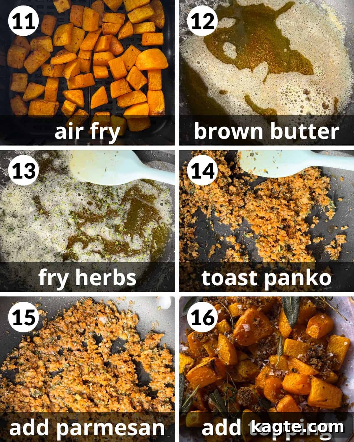 Crispy Air-Fried Butternut Squash 6 A 6-photo collage depicting the process of making the brown butter herb panko topping and sprinkling it over the finished air fryer butternut squash.