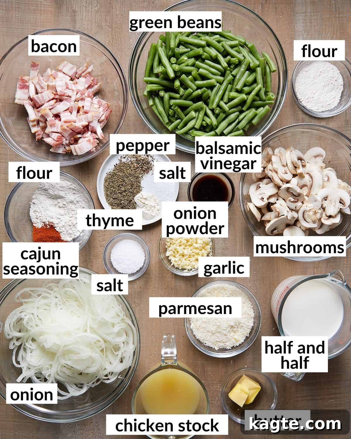 Savory Green Bean Casserole with Bacon and Earthy Mushrooms 3 Overhead image displaying fresh ingredients for green bean casserole with bacon and mushrooms, including green beans, mushrooms, bacon, and dairy.