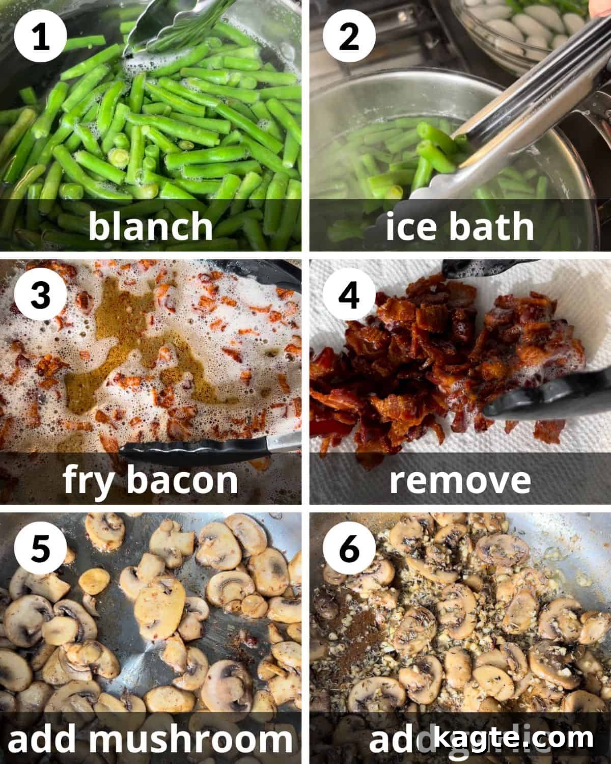 Savory Green Bean Casserole with Bacon and Earthy Mushrooms 4 A 6-photo collage illustrating the initial steps of preparing green bean casserole: blanching green beans and frying bacon.
