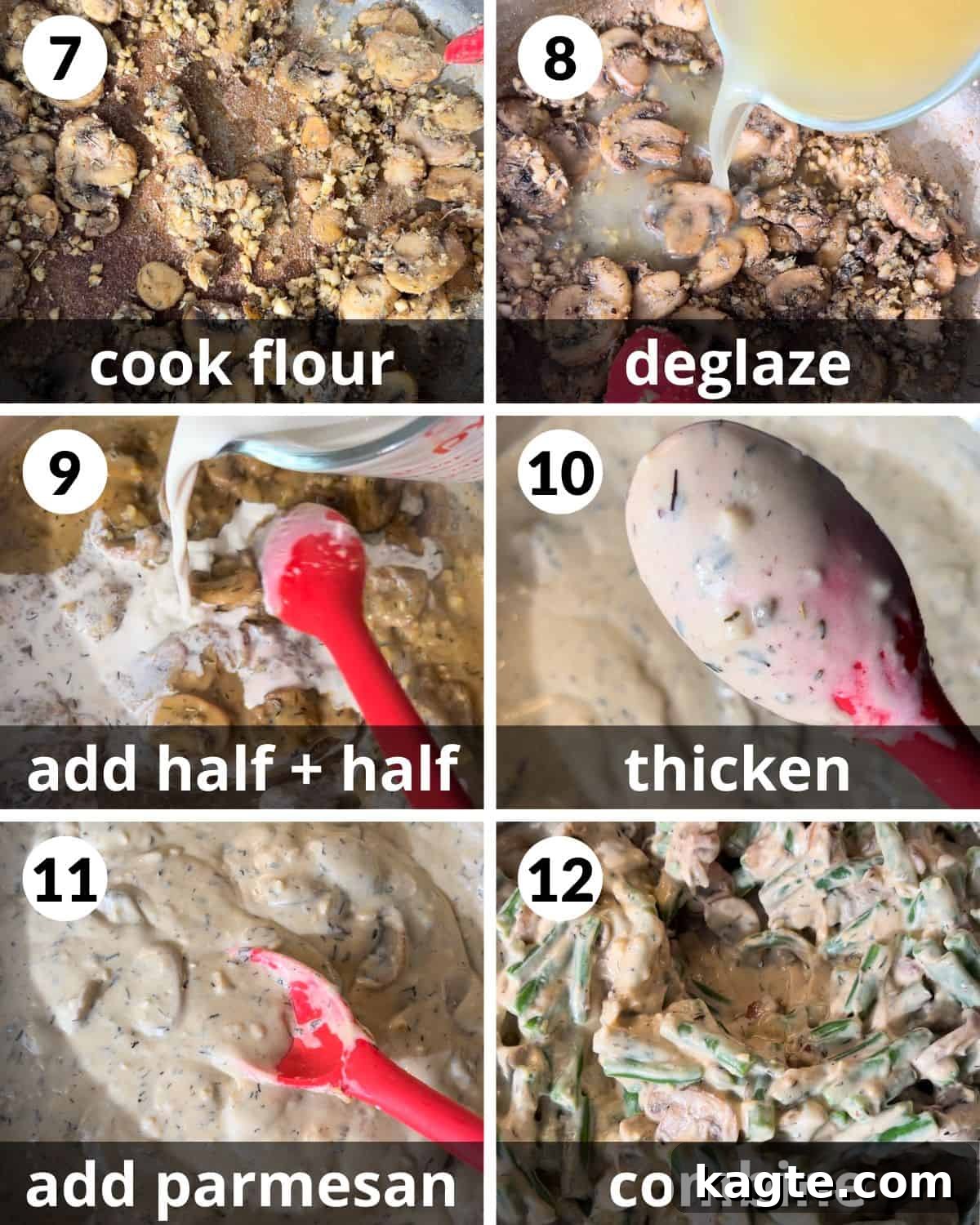 Savory Green Bean Casserole with Bacon and Earthy Mushrooms 5 A 6-photo collage showcasing the middle steps of making green bean casserole: preparing the creamy mushroom sauce.