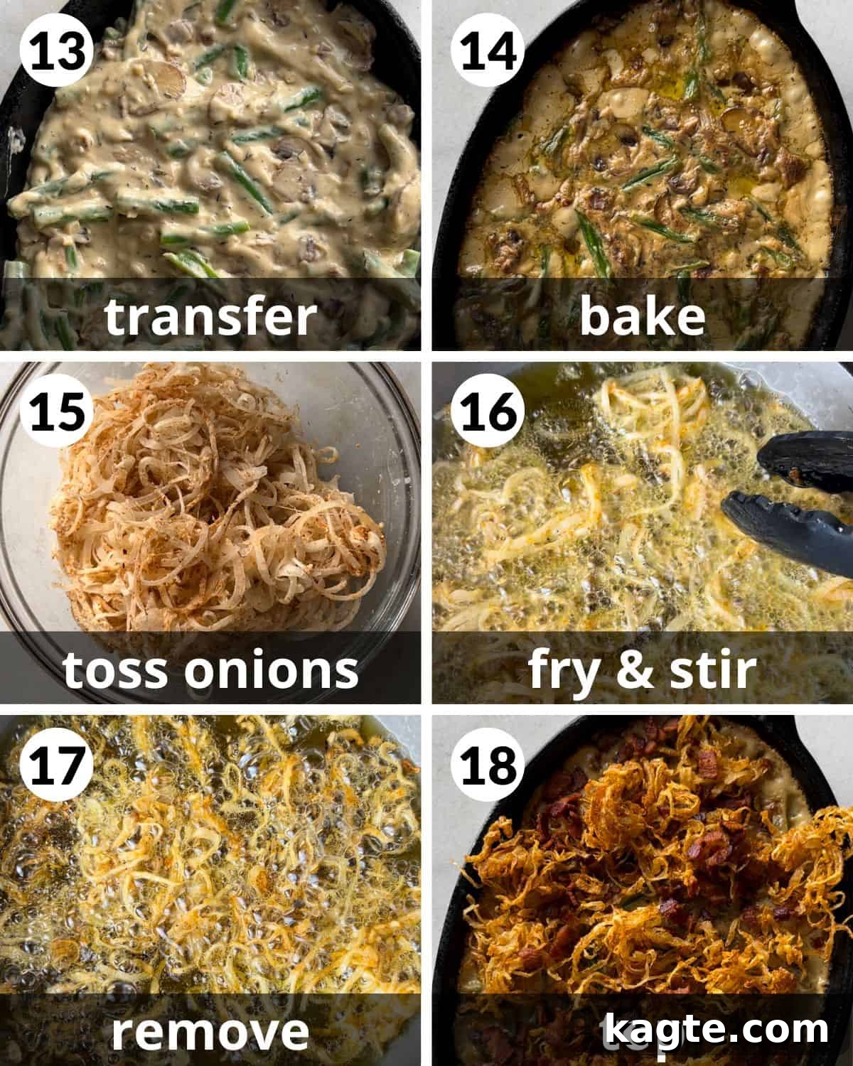 Savory Green Bean Casserole with Bacon and Earthy Mushrooms 6 A 6-photo collage illustrating the final steps for green bean casserole with bacon and mushrooms, including baking and topping with crispy onions.